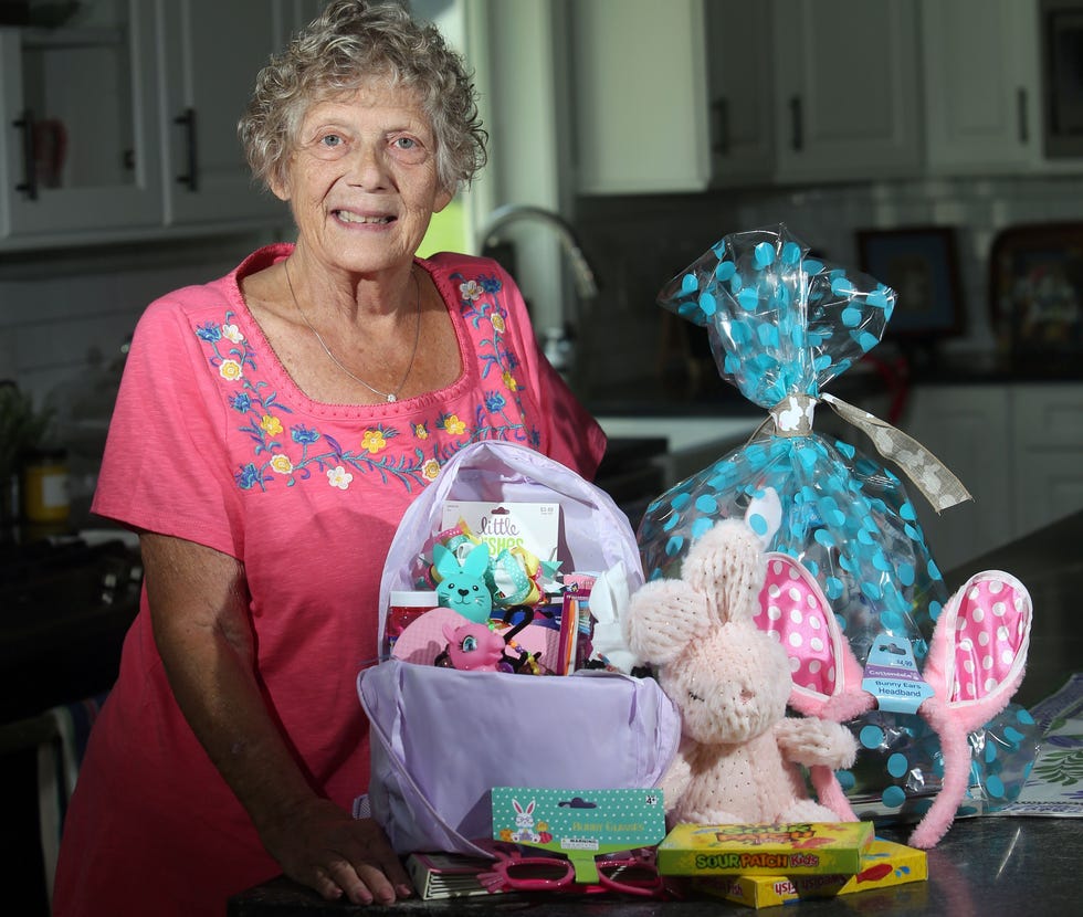 Pictured here is Everyday Hero Marylou Posey.  Posey does many things to help kids in need including making Easter baskets like the ones seen here.