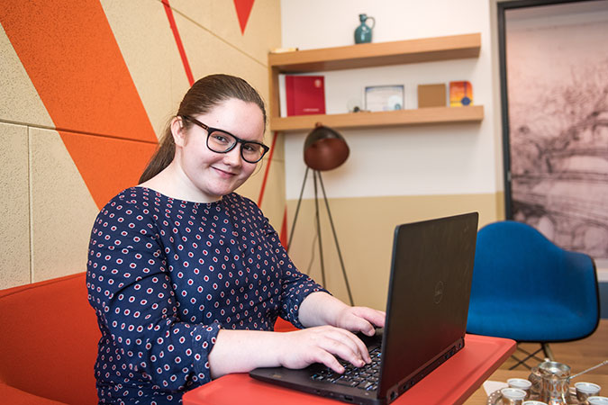 Lamija Gutić sits at her computer . Photo: Imrana Kapetanovic