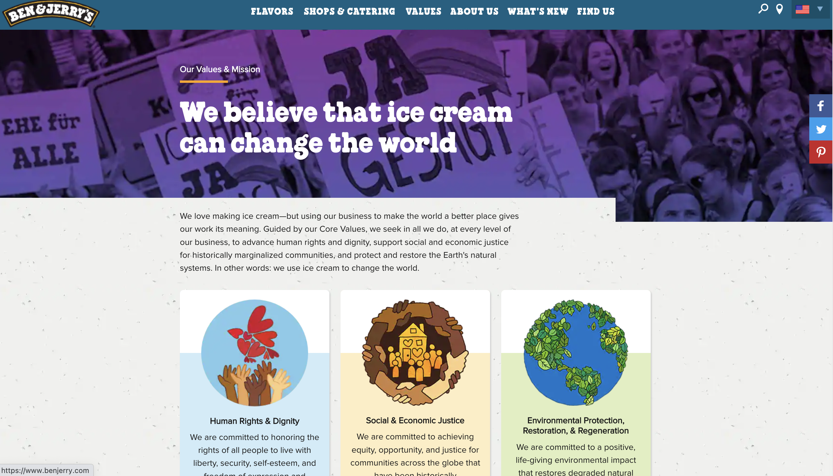 Ben and Jerry's mission and values website page where they clearly list the causes and beliefs their brand supports.
