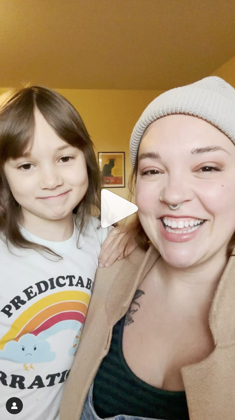 A Sprout Social Instagram Reel showing a Sprout employee and her child on screen, both smiling.