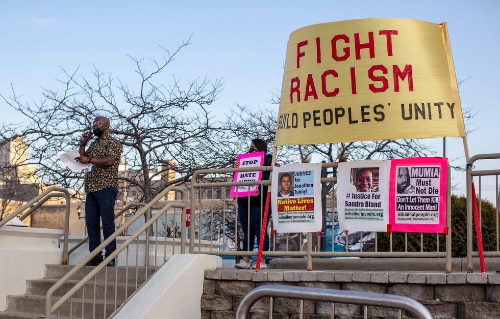 Crusaders of Justicia's Aaron Bailey speaks during a rally near Manitowoc City Hall honoring the legacy of Dr. Martin Luther King, Jr. in 2021.