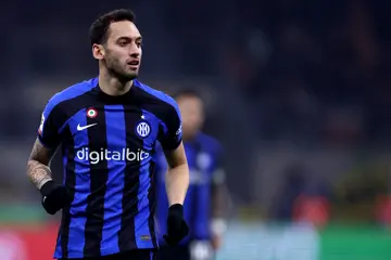 Hakan Calhanoglu of Fc Internazionale looks on during the Coppa Italia quarter-final match between Fc Internazionale and Atalanta Bc