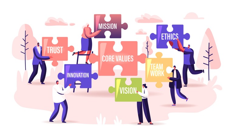 Core Values Concept. Tiny Businesspeople Characters Holding Huge Puzzle Pieces with Basic Social and Business Principles