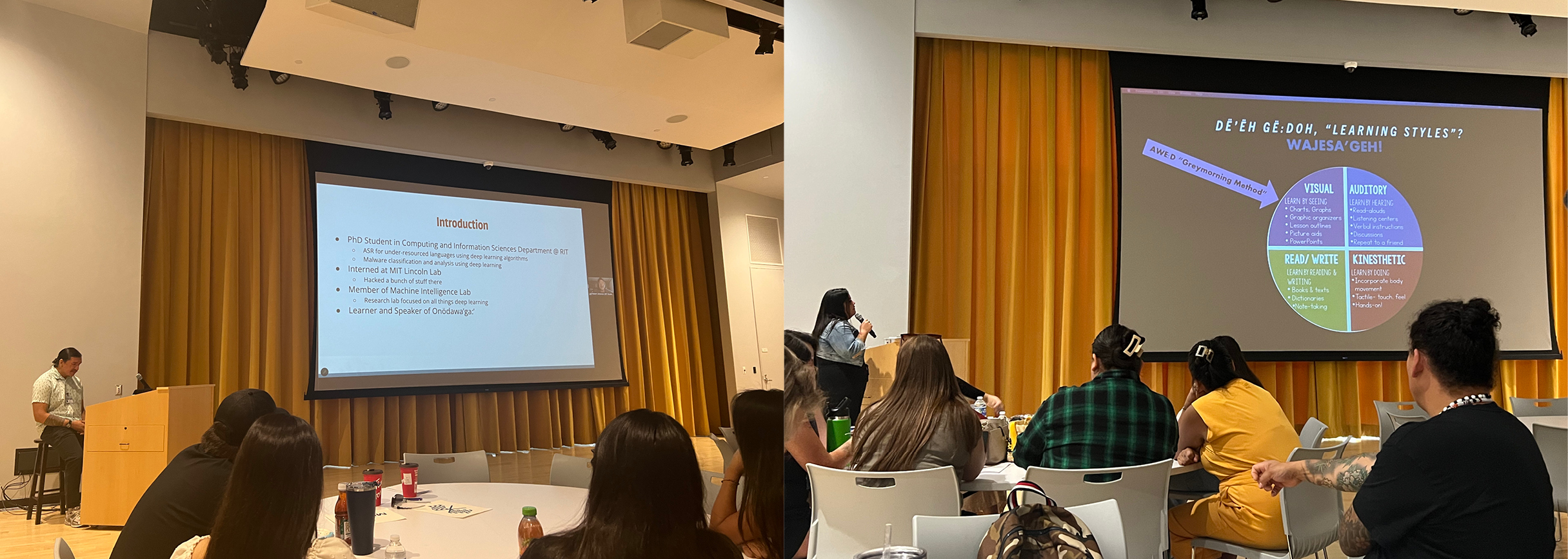 two photos of people giving a presentation