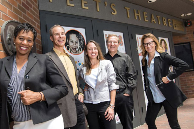 Berkeley City Manager Dee Williams-Ridley on the left and Berkeley Chamber of Commerce CEO Kirsten MacDonald on the right pose with UC Berkeley's three honorees: Mike Cohen, Amy Herr and Scott Shenker.