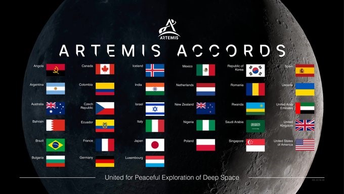 Graphic of the flags of all the Artemis Accords signatories. Test reads: Artemis Accords United for Peaceful Exploration of Deep Space.