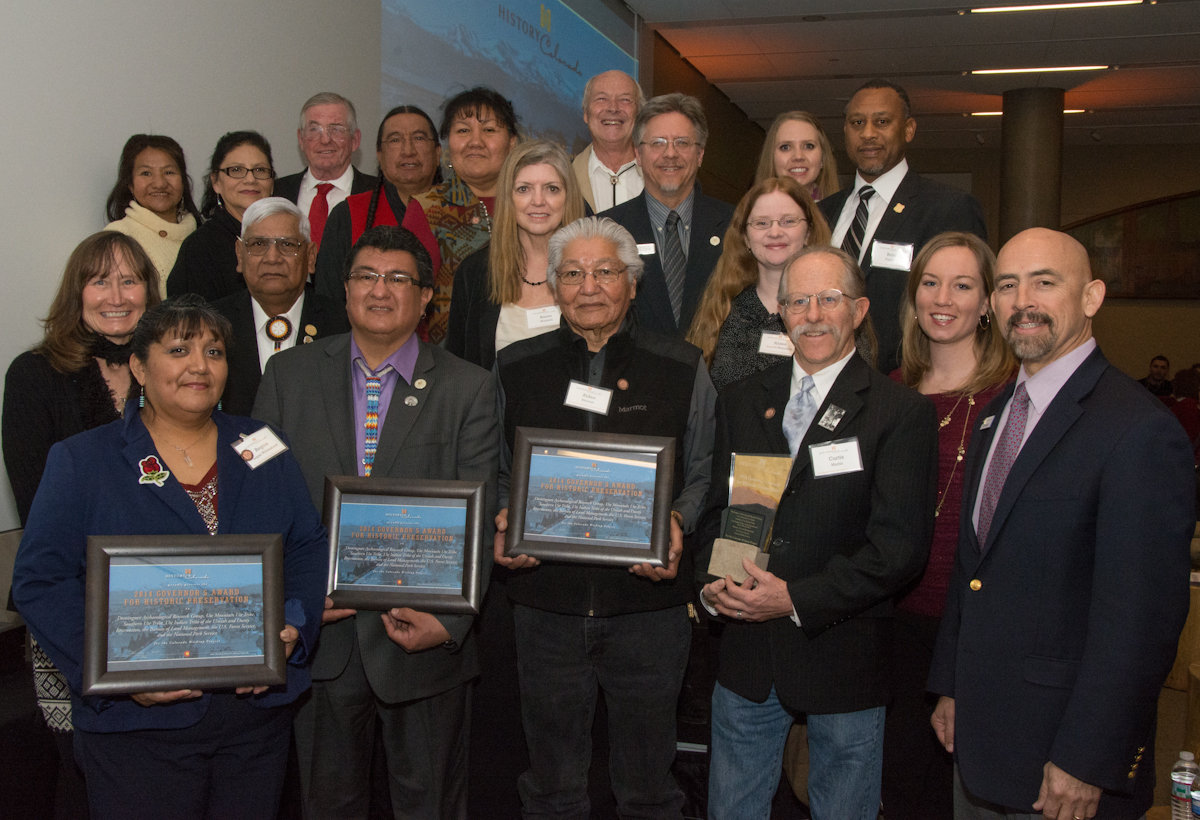 BLM, Dominguez Archaeological Research Group, the Ute Tribe, Southern Ute Tribe, Ute Mountain Ute Tribe,  National Park Service, and Forest Service receiving the Governor's Award for the Colorado Aboriginal Wickiup Project.
