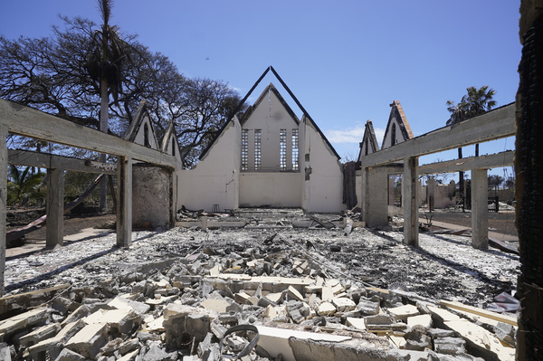 The destroyed Waiola Church is shown following wildfire, Friday, Aug. 11, 2023, in Lahaina.