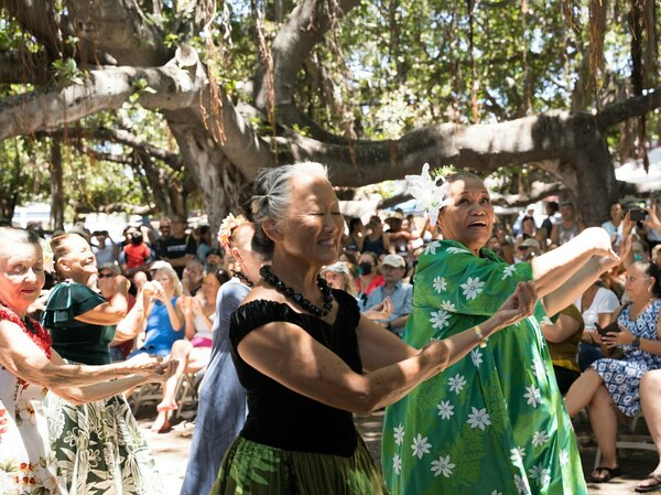 A scene from the 2022 Emma Farden Sharpe Hula Festival, which usually takes place under the famous banyan tree in downtown Lahaina. The organizers pivoted to Facebook for the 2023 edition after the fires badly burned the tree.