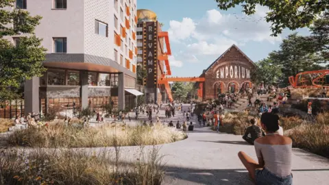 West Northamptonshire Council A computerised image of what the town centre could look like. A open public space with a number of people sitting on steps, with green space and large buildings.