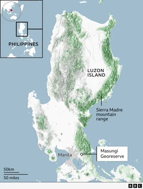 Map of Luzon Island, in the Philippines, showing the Masungi Georeserve to the east of Manila and the wider Sierra Madre mountain range to the north.