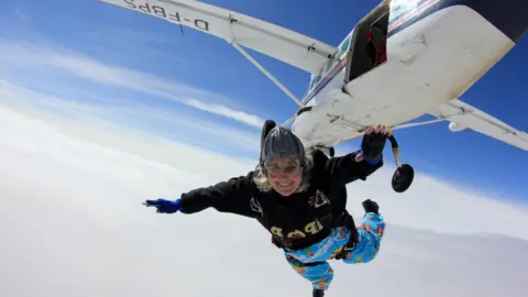 Guinness World Records Dilys Price doing her Guinness World Record-setting jump