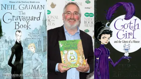 Getty Images/Bloomsbury/Macmillan Chris Riddell between the book jackets for Neil Gaiman's The Graveyard Book and his own Goth Girl and the Ghost of a Mouse