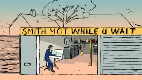BBC Illustration of a car designer working in a garage. Illustrations by Emma Russell