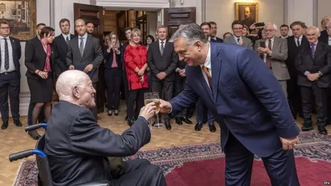 EPA Sir Roger Scruton receiving the Hungarian Order of Merit from the country's prime minister Viktor Orban