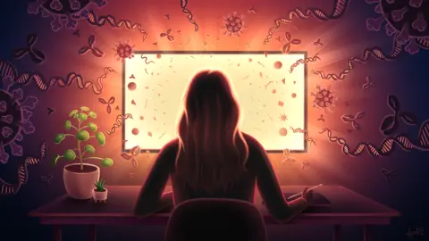 Avesta Rastan/Azuravesta Design/BBC Avesta Rastan sitting, near a plant and at a computer screen with images and icons related to the virus and DNA surrounding her