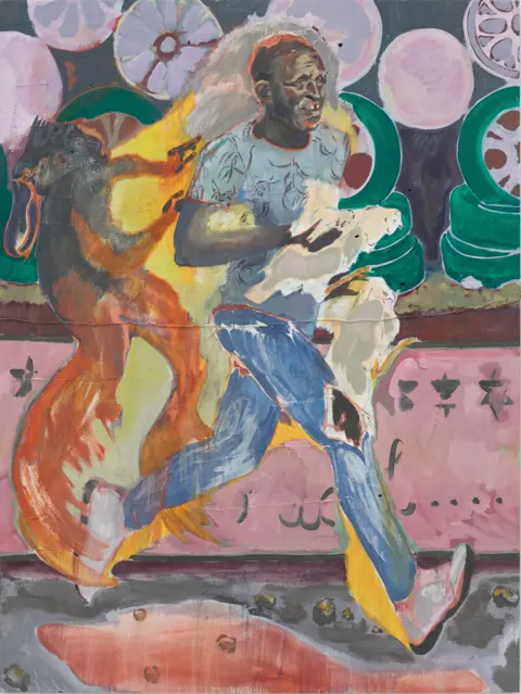 Michael Armitage/White Cube (Theo Christelis) Michael Armitage, The Chicken Thief, 2019. Oil on Lubugo bark cloth, 200 x 150 cm.