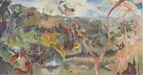 Michael Armitage/White Cube (Theo Christelis) Michael Armitage, The Paradise Edict, 2019. Oil on Lubugo bark cloth, 220 x 420 cm. The Joyner/Giuffrida Collection
