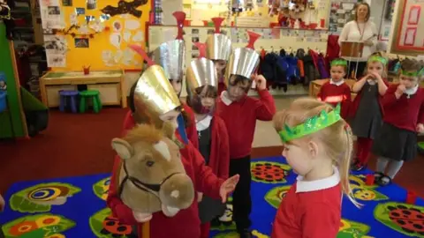 Springhead Primary School 4 year- old children from Springhead Primary acting out a scene from Julius Caesar, when he returns from battle