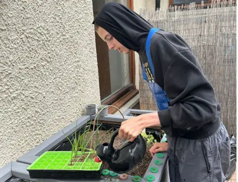 East Park School Nathan looking after plants in the school garden