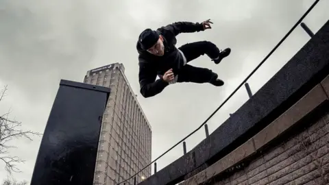 Ivaylo Erev Danny Pierce flipping over a wall in the bearpit in Bristol