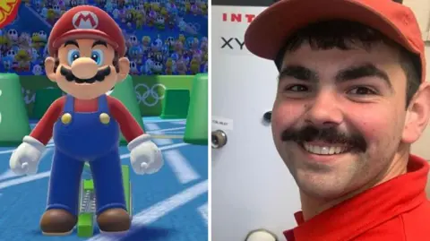 Nintendo A video game image of the Super Mario character next to a picture of Ruben, with a bushy mustache red baseball cap and red shirt