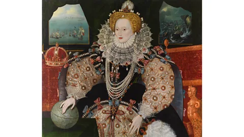 National Maritime Museum A portrait of Queen Elizabeth l to celebrate the Armada emphasises her status as the "Virgin Queen" in the pearl-bodice detail (Credit: National Maritime Museum)