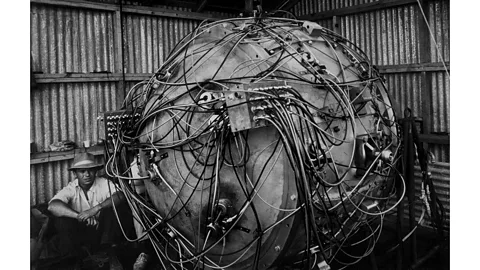 Getty Images The Gadget, the nuclear device placed on top of a tower for the Trinity test in 1945 (Credit: Getty Images)