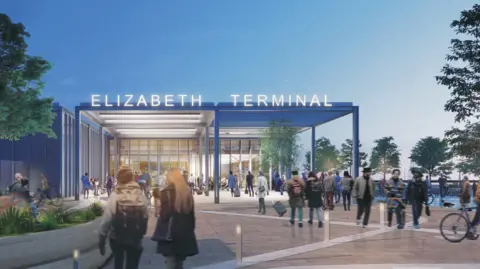 Ports of Jersey An artist's impression, showing people flocking in to a new ferry terminal at the Elizabeth Harbour. A sign atop the building says 'Elizabeth Terminal'.