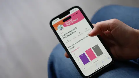 BBC/CAMDEN LEARNING & MIME A picture of a woman holding a phone with the new report card site up. It is for Regent High School and it opened on the 'Achievement and Destinations' page. It shows a bar chat with how well pupils perform at the school.