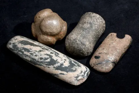 Hugo Anderson Whymark Polished stone artifacts including a stone ball, axehead and maceheads