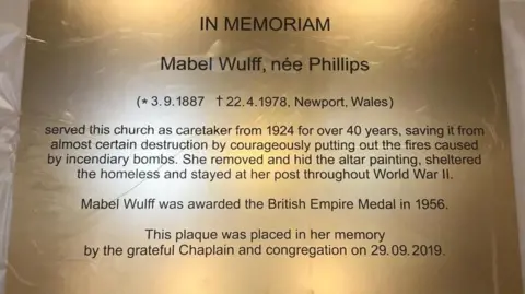 Madeleine Resühr A gold plaque is now up in the church in Hamburg where Welsh-born Mabel Wulff spent so many of her years. A large gold plaque with black writing, it outlines Mabel's contribution to the German building during the second world war.