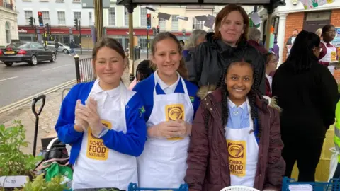 Alex Pope/BBC Three pupils and a Julie Millard from Kings Oak Primary School in Bedford