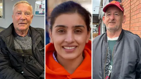 BBC In a composite, Brian Fisher at Bilston bus station. Sun Kaur and Philip Bastable in Bilston town centre.