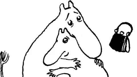 Moomin Characters A black and white sketch of two Moomin characters hugging. They resemble hippos, with a larger one hugging a smaller character. A handbag can also be seen.