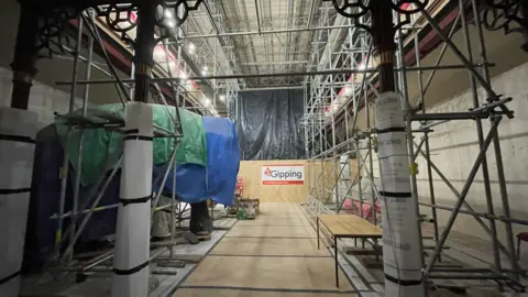 Shaun Whitmore/BBC A photo inside Ipswich Museum's central Victorian Natural History Gallery. Scaffolding is erected across the room with a mammoth sculpture placed at one side underneath plastic wraps.