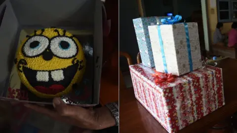 AFP Composite showing the birthday cake, and the presents, Night's family had prepared for him