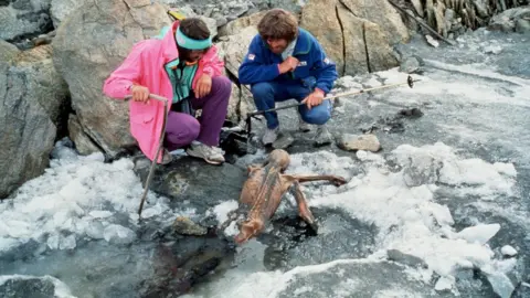 Getty Images Two mountaineers Oetzi, Europe's oldest natural human mummy, in the Otztal Alps between Austria and Italy in September 1991.