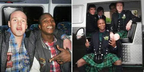 Martyn Dick Sheku Bayoh with his friend Martyn Dick - and with others at a wedding