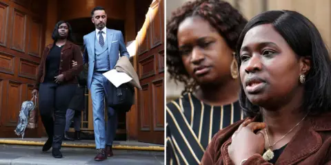 PA Media Kadi Johnson and Aamer Anwar leave the Crown Office in Edinburgh to talk to reporters, 3 October 2018
