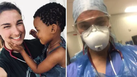 Eli Wyatt Eli Wyatt with a young patient in Namibia and in PPE during the pandemic