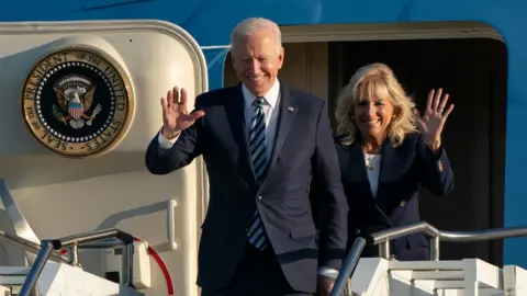 PA Media US President Joe Biden and First Lady Jill Biden arrive on Air Force One at RAF Mildenhall in Suffolk, ahead of the G7 summit in Cornwall.