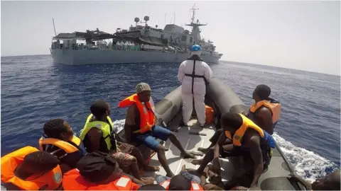 Irish defence forces Migrants on Irish Naval ship