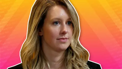 Reuters Elizabeth Holmes headshot set against the Tech Tent brand colours background
