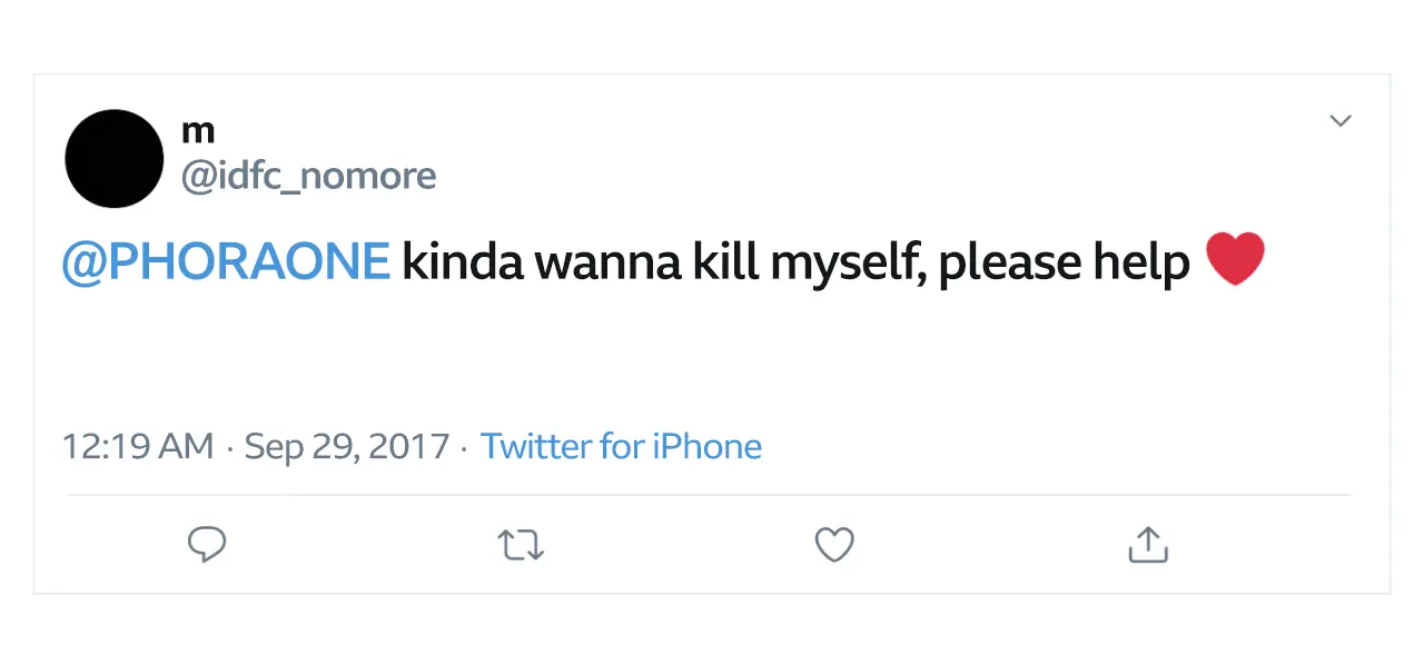 Molly's tweet to rapper Phora saying, 'kinda wanna kill myself, please help'