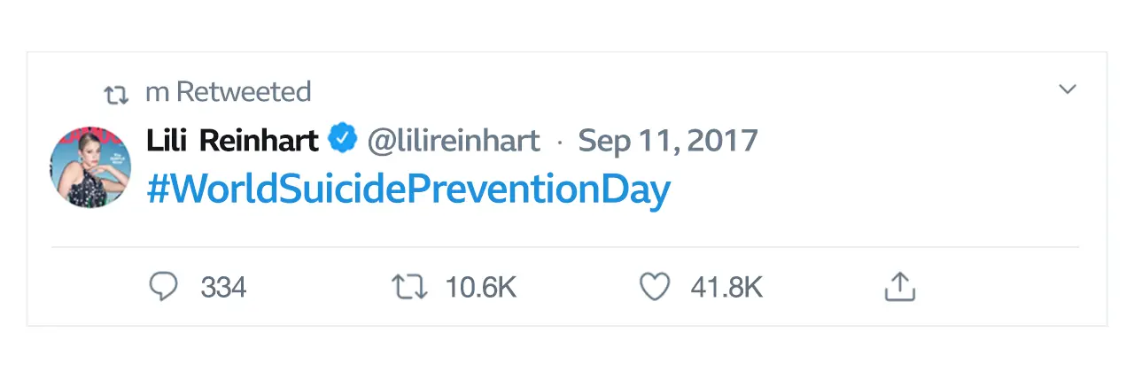 Tweet from Lili Reinhart on World Suicide Prevention Day.