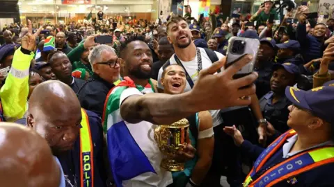 Reuters Rugby Union - Rugby World Cup 2023 - South Africa return home after winning the Rugby World Cup - O.R. Tambo Airport, Johannesburg, South Africa - October 31, 2023
