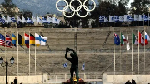 Getty Images Greece Olympic image with rings and statue