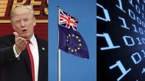 PA Trump, EU flags and tech graphic