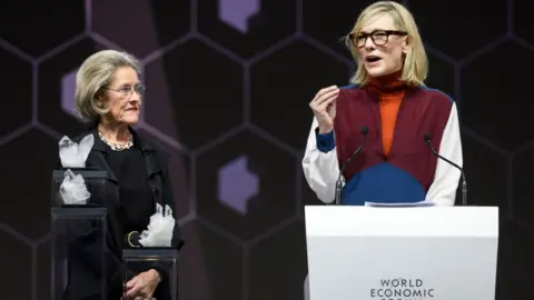 Getty Images Actress Cate Blanchett and Schwab Foundation for Social Entrepreneurship Chairperson and Co-Founder Hilde Schwab at the World Economic Forum (WEF) meeting, on January 22, 2018 in Davos